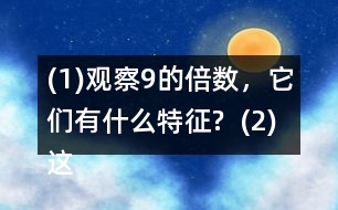 (1)觀察9的倍數(shù)，它們有什么特征?  (2)這些數(shù)的排列有什么特征?與同伴說說你的想法。  (3)如果左表擴(kuò)“充到200，并找出99后面是9的倍數(shù)的數(shù)，它們將在表中的什么位置?做一做，檢驗?zāi)愕拇鸢浮?></p>										
													<h3>1、(1)觀察9的倍數(shù)，它們有什么特征?  (2)這些數(shù)的排列有什么特征?與同伴說說你的想法。  (3)如果左表擴(kuò)“充到200，并找出99后面是9的倍數(shù)的數(shù)，它們將在表中的什么位置?做一做，檢驗?zāi)愕拇鸢浮?/h3>	 <p>北師大版五年級上冊數(shù)學(xué)《3的倍數(shù)的特征》</p><p>(1)觀察9的倍數(shù)，它們有什么特征?</p><p>一個數(shù)各個數(shù)位上的數(shù)字的和是9的倍數(shù)，這個數(shù)就是9的倍數(shù)。</p><p>(2)這些數(shù)的排列有什么特征?與同伴說說你的想法。</p><p>斜對角</p><p>(3)如果左表擴(kuò)充到200，并找出99后面是9的倍數(shù)的數(shù)，它們將在表中的什么位置?做一做，檢驗?zāi)愕拇鸢浮?/p><p>108、117、126 135、144、153、162、171、180、189、198</p>	  <h3>2、北師大一年級數(shù)學(xué)上冊《鞏固應(yīng)用》 10.(1)說一說，你發(fā)現(xiàn)了哪些數(shù)學(xué)信息?(2)提出兩個數(shù)學(xué)問題，并列式解答。</h3>	 <p>北師大一年級數(shù)學(xué)上冊《鞏固應(yīng)用》 10.</p><p>(1)說一說，你發(fā)現(xiàn)了哪些數(shù)學(xué)信息?</p><p>有3個小朋友在蕩秋千，4個小朋友在玩滑梯，2個小朋友在玩蹺蹺板。</p><p>(2)提出兩個數(shù)學(xué)問題，并列式解答。</p><p>①一共有多少個朋友？</p><p>②一共有9個小朋友，有5個男生，女生有多少人？</p>	  <h3>3、（1）和同伴說一說，現(xiàn)在車上的人數(shù)多了還是少了？</h3>	 <p><p>北師大二年級數(shù)學(xué)上冊第一單元星星合唱隊練習(xí)題練一練及答案</p><p>車上原有56人。下來27人。上了19人。</p><p>（1）和同伴說一說，現(xiàn)在車上的人數(shù)多了還是少了？</p><p>答：下來的人比上去的多，所以車上的人數(shù)少了。</p></p>	  <h3>4、（1）一共有多少個杯子？（2）用了多少個扣子？</h3>	 <p>北師大二年級數(shù)學(xué)上冊第5單元《2-5的乘法口訣》數(shù)松果練一練答案</p><p>1.（1）一共有多少個杯子？</p><p>3x5=15（個）</p><p>（2）用了多少個扣子？</p><p>4x5=20（個）</p>	  <h3>5、（1）估一估，紅繩的長度是黃繩的多少倍？與同伴交流你的方法。</h3>	 <p>北師大二年級數(shù)學(xué)上冊《花園》練一練習(xí)題及答案</p><p>（1）估一估，紅繩的長度是黃繩的多少倍？與同伴交流你的方法。</p><p>答：紅繩是黃繩的5倍。</p><p>（2）分別量出紅繩和黃繩的長度，算一算，自己的估計準(zhǔn)確嗎？</p>	  <h3>6、2.(1)9個皮球多少元? (2)9個網(wǎng)球多少元?</h3>	 <p>北師大二年級數(shù)學(xué)上冊《買球》練一練習(xí)題及答案</p><p>2.(1)9個皮球多少元?</p><p>98=72</p><p>答：9個皮球72元。</p><p>(2)9個網(wǎng)球多少元?</p><p>99=81</p><p>答：9個網(wǎng)球81元。</p><p>(3)30元買4個網(wǎng)球，夠嗎?</p><p>94=36</p><p>答：夠了</p><p>(4)請你再提出一個數(shù)學(xué)問題，并嘗試解答。</p>	  <h3>7、4.小兔安家。（1）有4間房子，平均每間住幾只小兔？</h3>	 <p>    <tbody>        <tr>            <td width=