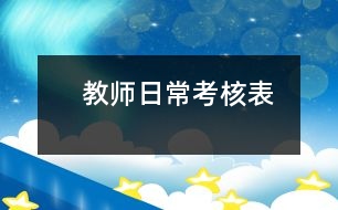   教師日?？己吮?></p>										
													  教師日常考核表<br /> <br />教師日?？己吮?年 月 日 教師姓名：考核項目 考核內(nèi)容 行政考核日常工作考核 1、來園：面帶笑容，熱情接待家長與幼兒，教師主動用禮貌用語，講普通話，與家長做好交接工作，一項不符合要求扣1分。 2、晨檢：做好晨檢工作，每周晨間活動不少于3種；逐個觀察、詢問并做好記錄，發(fā)現(xiàn)異常及時處理，一次不認真晨檢扣1分。 3、早操：早操前檢查幼兒衣服、鞋帶，扣有衣褲不整齊，鞋帶不系一人（次）扣1分；上操時精神飽滿，動作規(guī)范，全身心投入，一次不符合要求扣2分；幼兒積極參加，興趣高，動作基本規(guī)范，每項不符合要求扣1分。 4、戶外游戲：做好游戲前的準備工作，檢查幼兒儀表，準備游戲材料，游戲不符合要求扣2分；教師積極投入，幼兒積極參與，幼兒有良好的常規(guī)，一項不符合扣2分，游戲內(nèi)容新穎，符合本班年齡特點，一次不符扣1分；游戲后指導幫助幼兒收拾材料，不符扣1分。 5、值日教師：課間值好日，發(fā)生事故扣值日教師一次扣2分；做好晨接和離園工作，不符合要求扣1分 。 6、計劃：每周周計劃和每日日計劃按時上墻，如有調(diào)整在備注欄標明，不符合要求扣1分 。 7 午睡：指導幼兒正確的穿衣/脫衣，巡視午覺情況，及時為幼兒蓋被子，不符合要求扣1分 。 8 上廁：做好幼兒有序上廁，不擁擠，不推鬧，便后流水洗手，不符合要求扣1分 。 9 吃飯： 指導幼兒正確吃飯，做到不浪費；飯前組織幼兒肥皂洗手，飯后組織幼兒擦嘴，每項不符合要求扣1分 。 教學常規(guī)考核 1 認真?zhèn)湔n，做好課后反思記錄；活動安排動靜結(jié)合，做到各個環(huán)節(jié)都有事可做， 每項符合要求扣1分 。 2 教學具準備充分，課堂氣氛活躍，做到師幼互動，具有一定的組織調(diào)控能力 ，符合要求扣1分 。 3 教學充分利用家長/社區(qū)/自然等資源，將活動開展豐富多樣，體現(xiàn)幼兒的能動性，符合要求加1分 。 4 環(huán)境創(chuàng)設(shè)以幼兒參與為主，體現(xiàn)幼兒的參與性/積極性，能夠根據(jù)本班幼兒的興趣預(yù)設(shè)和生成教學活動，符合要求加1分 。 5 根據(jù)主題變換區(qū)角內(nèi)容，游戲材料的投放具有一定的培養(yǎng)目的，符合要求加1分 。<br /> #我們每天都會提供一些資料給大家，讓大家輕松備課，歡迎關(guān)注，謝謝光臨--中國兒童教育網(wǎng)<a href=