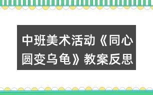 中班美術(shù)活動《同心圓變?yōu)觚敗方贪阜此?></p>
<h3>1、中班美術(shù)活動《同心圓變?yōu)觚敗方贪阜此?/h3><p> 活動目標(biāo):</p><p> 1、能根據(jù)畫面內(nèi)容進(jìn)行大膽地猜測和想象畫面中的內(nèi)容。</p><p> 2、認(rèn)識并會繪畫同心圓,會用簡單的線條將同心圓變成完整的烏龜游戲圖。</p><p> 3、在創(chuàng)作中體驗(yàn)到繪畫的樂趣,喜歡畫畫。</p><p> 4、培養(yǎng)幼兒動手操作的能力,并能根據(jù)所觀察到得現(xiàn)象大膽地在同伴之間交流。</p><p> 5、激發(fā)幼兒感受不同的藝術(shù)美,體驗(yàn)作畫的樂趣。</p><p> 活動重、難點(diǎn):</p><p> 活動重點(diǎn):認(rèn)識并會繪畫同心圓,會用簡單的線條將同心圓變成完整的烏龜游戲圖。</p><p> 活動難點(diǎn):能根據(jù)畫面內(nèi)容進(jìn)行大膽地猜測和想象畫面中的內(nèi)容。</p><p> 活動準(zhǔn)備:</p><p> 白紙、水彩筆若干,PPT《同心圓變?yōu)觚敗?/p><p> 活動過程:</p><p> 一、導(dǎo)入</p><p> 師:有一滴小雨滴要來和我們做游戲,小雨滴掉到水里面會有什么聲音?(滴答)小雨滴要來咯,我們來看看小雨滴是怎么樣的。</p><p> ——此環(huán)節(jié)以小雨滴引發(fā)幼兒興趣進(jìn)入活動主題。</p><p> 二、觀看認(rèn)識同心圓,并大膽表現(xiàn)猜測</p><p> 1、認(rèn)識同心圓</p><p> 師:看一看小雨滴是什么形狀的呢?(圓形)又來了一個小雨滴(滴答),看看兩滴小雨滴分別在什么位置?(一個小雨滴在里面,一個大一點(diǎn)的小雨滴在外面,外面的大雨滴圍著里面的小雨滴)</p><p> 師:滴答,又來了一個雨滴,這次看看有幾個雨滴了,(三個)嗯,小中大三個雨滴,你中有我,我中有你,他們好像在做什么?(在跳圓圈舞)</p><p> 師:哎!小朋友,老師要告訴你們,三個小雨滴,一個小,一個中,一個大,像這樣,小圓在大圓里面,大圓抱著小圓,它們圍著一個中點(diǎn)在跳圓圈舞,我們叫它同心圓。叫什么?(同心圓)</p><p> 師:小雨滴繼續(xù)下著,滴答、滴答、滴答...(點(diǎn)擊課件)</p><p> 師:哇!小雨滴落在池塘里玩的好開心呀,接下來的小雨滴你們猜會落在哪里呢?(指出畫面的空白處)為什么?</p><p> 師:滴答、滴答、滴答小雨滴又落下來掉在池塘里,老師這邊的池塘里有好多小雨滴在游泳,嗯!天空中還有好多個小雨滴,它們想到你們的池塘里去游游,我們小朋友來試一試,讓小雨滴到你們的池塘里去游戲好嗎?</p><p> 師:好!現(xiàn)在老師就請我們小朋友去用勾線筆在你的畫紙上畫出一個個小、中、大的雨滴,你可以在你的畫紙上畫出有高有低、有大有小的同心圓。</p><p> 2、幼兒學(xué)畫同心圓,提醒畫面布局。</p><p> 請幼兒在自己的畫紙上畫出同心圓,提醒幼兒同心圓在跳舞,有高有低,有大有小。</p><p> 3.幼兒盡情想象,同心圓像什么</p><p> 師:哇!那么多的小雨滴到水里快樂的游泳,想想看這一個個的同心圓像什么?(太陽、甜圈面包、棒棒糖、小烏龜)</p><p> 師:剛剛有小朋友說同心圓很像小烏龜,老師這有小烏龜呢,我們請小烏龜出來給我們看看到底像不像。</p><p> (此環(huán)節(jié)以小雨滴的外形引出認(rèn)識同心圓并嘗試合理布局繪畫同心圓,同時引發(fā)幼兒根據(jù)同心圓的外形進(jìn)行想象。)</p><p> 三、引出烏龜,引導(dǎo)觀察烏龜?shù)膭討B(tài)變化</p><p> 師:你們覺得同心圓像小烏龜?shù)哪膫€部位?</p><p> 師:小烏龜?shù)纳砩线€有什么?它的頭會怎么樣?四條腿分別長在哪里?(用手指去觸碰下小烏龜,發(fā)現(xiàn)烏龜?shù)膭討B(tài))小尾巴又長在什么地方?</p><p> 師結(jié):烏龜有一個堅(jiān)硬的烏龜殼,在它身體的一頭有一個會伸縮的小腦袋,身體的另一頭有一個小小的尾巴,身體兩邊有會收縮的四條腿,烏龜是一種爬行動物,烏龜它喜歡在池塘里、大河里或是草地上各種地方生活。</p><p> (此環(huán)節(jié)以實(shí)物小烏龜進(jìn)行觀察它的動態(tài)變化,為下一環(huán)節(jié)創(chuàng)作做好鋪墊。)</p><p> 四、自由創(chuàng)作——有趣的烏龜</p><p> 1.幼兒創(chuàng)作,在自己的同心圓上表現(xiàn)烏龜。</p><p> 師:如果讓你的同心圓來變?yōu)觚?,你想變一只什么樣的烏?你想帶它們到哪里玩呢?</p><p> 師:好!接下來就請小朋友用同心圓來變你喜歡的烏龜吧。</p><p> 2.教師指導(dǎo),注意引導(dǎo)幼兒表現(xiàn)烏龜?shù)母鞣N動態(tài)。</p><p> 教師提醒幼兒添畫細(xì)節(jié)和背景,也可在幼兒作品上適當(dāng)添畫場景,讓畫面更豐富。</p><p> (此環(huán)節(jié)鼓勵幼兒能用各種點(diǎn)、線條形狀來表現(xiàn)感受過的小烏龜?shù)闹饕卣?,并根?jù)自己的想象有創(chuàng)造性地表現(xiàn)簡單的情節(jié)。)</p><p> 五、帶烏龜去旅行</p><p> 師:今天你們畫的烏龜真有趣,等會請小朋友幫它們穿上五彩繽紛的衣服,打扮得漂漂亮亮的,到更有趣的地方去玩,好嗎?</p><p> (此環(huán)節(jié)在相互介紹中發(fā)現(xiàn)同伴的有趣之處,并感受作品中動物形象的造型美。教師展示課件內(nèi)容,激發(fā)幼兒想象力,創(chuàng)作力。)</p><p> 活動反思:</p><p> 整個活動,這個課件顯得尤為重要,它不但解決了幼兒的布局問題,還拉近了幼兒與烏龜?shù)木嚯x,幼兒在繪畫過程中能考慮烏龜?shù)母惺?,達(dá)到了一定的效果。</p><h3>2、中班美術(shù)教案《圓形變變變》含反思</h3><p><strong>活動目標(biāo):</strong></p><p> 1、喜歡參與美術(shù)活動,體驗(yàn)活動帶來的樂趣。</p><p> 2、指導(dǎo)幼兒在圓形的基礎(chǔ)上添畫各種物體,使幼兒在添畫過程中知道圓能變成各種有趣的東西。</p><p> 3、能大膽地創(chuàng)作和表現(xiàn),發(fā)展幼兒的想象力和創(chuàng)造力。</p><p> 4、感受色彩對比。</p><p> 5、培養(yǎng)幼兒良好的作畫習(xí)慣。</p><p><strong>教學(xué)重點(diǎn)、難點(diǎn):</strong></p><p> 1、喜歡參與美術(shù)活動,體驗(yàn)活動帶來的樂趣。</p><p> 2、指導(dǎo)幼兒在圓形的基礎(chǔ)上添畫各種物體,使幼兒在添畫過程中知道圓能變成各種有趣的東西。</p><p> 3、能大膽地創(chuàng)作和表現(xiàn),發(fā)展幼兒的想象力和創(chuàng)造力。</p><p><strong>活動準(zhǔn)備:</strong></p><p> 1、各種顏色、各種大小的圓。</p><p> 2、由圓變成的物體示范畫。</p><p> 3、彩色筆若干、白紙若干</p><p><strong>活動過程:</strong></p><p> 1、教師扮演魔術(shù)師導(dǎo)入活動,引發(fā)興趣。</p><p> 教師:“小朋友,今天我們班里來了一位小魔術(shù)師,他特別喜歡圓的東西,請小魔術(shù)師來說說他喜歡什么圓圓的東西?(我喜歡玩圓圓的皮球,愛照圓圓的鏡子,愛吃圓圓的餅干,還會變圓的魔術(shù)!)</p><p> 教師:小魔術(shù)師請問什么是變圓的魔術(shù)呀?你能變給小朋友看嗎?</p><p> 2、小魔術(shù)師表演變圓魔術(shù)</p><p> 教師:小朋友你們知道,紅色的蘋果是怎樣變的呀?(在紅色圓上畫上綠色的葉子就變成蘋果了)你們會變嗎?你們會變什么呢?怎么變呢?你們真聰明一下子就學(xué)會變圓魔術(shù)了。</p><p> 教師:小魔術(shù)師你還會變什么?小魔術(shù)師:我還會變兩個圓,三個圓,四個圓,許多圓呢。</p><p> 小魔術(shù)師表演(把兩個圓變成了小雞,三個圓變成了小花,四個圓變成了蝴蝶。)小朋友,你能把兩個圓,三個圓,四個圓,許多的圓變成什么呢?請幼兒自由討論,告訴身邊的好朋友。</p><p> 3、幼兒操作,教師巡回指導(dǎo)</p><p> (1)交代任務(wù):我們今天也來學(xué)小魔術(shù)師變圓的魔術(shù)。老師出示為幼兒準(zhǔn)備的材料(老師為小朋友準(zhǔn)備了各種顏色,各種大小的圓。請小朋友先想好你想用幾個圓變成什么東西,然后找到你所需要的圓,撕去圓后面的雙面膠的外面一層,粘在紙上,再把它添畫好。我們小朋友把圓變好了,可以互相參觀,告訴小朋友,你把幾個圓變成什么東西了?,F(xiàn)在請小朋友去找一個好朋友一起去變圓。</p><p> (2)教師巡回指導(dǎo):</p><p> 要求幼兒把廢紙仍在籮筐里。變出和別人不一樣的東西來。幫助能力差的幼兒,鼓勵他大膽變圓。</p><p> 4、展示作品,相互欣賞,交流。</p><p> 通過舉辦“圓形魔術(shù)變變變展覽”,展示全班幼兒作品,相互欣賞、分享交流</p><p><strong>教學(xué)反思:</strong></p><p> 本次活動在導(dǎo)入環(huán)節(jié)中,我扮演魔術(shù)師,以圓形變變變的魔術(shù)向幼兒展示范畫,激發(fā)幼兒活動的興趣,豐富幼兒的感知經(jīng)驗(yàn)。在幼兒自由討論想象這一環(huán)節(jié),我讓幼兒先觀察魔術(shù)師是怎樣用一個圓形變出蘋果,用兩個圓形變出小雞。再請幼兒自由討論:如果你是魔術(shù)師,你要用一個圓形、兩個圓形、三個圓形、四個圓形、許多圓形變出什么呢?給幼兒一個發(fā)揮想象的空間,讓他們能夠無所顧忌地將自己的想法說出來。同時,學(xué)習(xí)用語言表達(dá)圓形的各種有趣的變化。在幼兒拼貼圖形并添畫這一環(huán)節(jié),要求幼兒先想好要用幾個圓形變出什么有趣的圖形,并粘貼好,再鼓勵幼兒對自己畫面上的圓形進(jìn)行相似聯(lián)想后添畫。在這一環(huán)節(jié)中,我充分調(diào)動幼兒的積極性,激發(fā)幼兒的想象,鼓勵幼兒與從不同的想象,拼出與別人不一樣的作品。幼兒在沒有任何束縛和限制下,自由創(chuàng)作,我巡回指導(dǎo),對一些能力弱、不夠大膽的幼兒以積極鼓勵,對個別不會的幼兒做詳細(xì)地講解,對一些領(lǐng)悟能力強(qiáng)、創(chuàng)作好的幼兒及時予以表揚(yáng)、引導(dǎo)。這一環(huán)節(jié)是本次活動的難點(diǎn)環(huán)節(jié),主要通過幼兒的實(shí)際操作,教師及時、個別的指導(dǎo)突破難點(diǎn)。最后就是結(jié)束環(huán)節(jié)。本環(huán)節(jié)主要通過舉行“圓形魔術(shù)變變變展覽”,張貼全班幼兒作品,通過自由的幼兒與幼兒、幼兒與教師間的討論,讓幼兒大膽地用語言將自己的作品內(nèi)容表達(dá)出來,同時還能說說自己最喜歡哪一幅作品,為什么喜歡它。在本環(huán)節(jié)中,我肯定了每個幼兒作品,讓幼兒獲得成功后的愉悅體驗(yàn)。鼓勵每一位幼兒積極地、主動地、大膽地用語言將自己的作品表達(dá)出來。從而達(dá)到藝術(shù)活動的最高目標(biāo),表現(xiàn)自己的情感和體驗(yàn),分享他們</p><h3>3、中班美術(shù)活動教案《窗花》含反思</h3><p><strong>活動目標(biāo):</strong></p><p> 1、樂意參與到剪紙活動當(dāng)中,體驗(yàn)剪窗花帶來的樂趣。</p><p> 2、培養(yǎng)幼兒的欣賞能力。</p><p> 3、能呈現(xiàn)自己的作品,并能欣賞別人的作品。</p><p><strong>活動過程:</strong></p><p> 1、談話導(dǎo)入:</p><p> 師:小朋友,喜慶的日子很熱鬧,人們會在玻璃上貼好多漂亮的貼畫。你們想不想看一看?</p><p> 幼:想。</p><p> 師:好!看-----</p><p> 2、出示各種剪紙作品,請幼兒欣賞。</p><p> 師:“小朋友看到了什么?</p><p> 幼:小兔子、老虎、花、剪紙……師:嗯,對!這就是剪紙,它是我們中國特有的民間藝術(shù)。那你們看,簡直和其他的紙有什么不同之處?</p><p> 幼:有洞、兩朵花一樣、好多小兔子一樣……師作</p><p> 總結(jié):“洞”是鏤空,對稱,四方連續(xù)……等方法。</p><p> 3、以四瓣花剪紙作品,引起幼兒興趣。</p><p> 師指著四瓣花說:哎,孩子們看這張剪紙是什么?</p><p> 幼:花朵師:對,這是四瓣花,那你們想不想學(xué)一學(xué)這朵花是怎樣剪出來的?</p><p> 幼:想:我們想一想,剪紙需要用什么材料呢?</p><p> 幼:剪刀、彩紙、蠟光紙</p><p> 4、探索、嘗試剪紙的方法。</p><p> 師:很好,下面我們來學(xué)一下如何剪,教師示范兩種基本的剪紙方法:</p><p> (1)將長方形紙對邊折四折,用鉛筆畫出簡單的圖形,再剪出來。</p><p> (2)將正方形紙對角折兩折,用鉛筆畫出簡單的圖形,再剪出來。</p><p> 觀看剪紙作品,引導(dǎo)幼兒發(fā)現(xiàn)對稱關(guān)系,學(xué)習(xí)辨認(rèn)對稱圖形,了解對稱的美。</p><p> 5、幼兒進(jìn)行剪紙活動,教師鼓勵幼兒大膽進(jìn)行自由創(chuàng)作,指導(dǎo)幼兒完成作品。提醒幼兒:注意安全使用剪刀;剪窗花時要仔細(xì)、有耐心;剪掉的紙要放在指定位置,不亂扔紙屑。</p><p> 5、展示欣賞幼兒作品,鼓勵幼兒繼續(xù)創(chuàng)作剪出更多的作品。</p><p><strong>教學(xué)反思:</strong></p><p> 剪紙窗花,是我們中國傳統(tǒng)的民間藝術(shù),其在視覺上給人以透空的感覺和藝術(shù)享受。在喜慶的節(jié)日里剪貼,既裝點(diǎn)了我們的環(huán)境,又給我們的生活營造了濃濃的熱鬧喜慶的氛圍。然而現(xiàn)在的孩子已經(jīng)很少接觸、了解這門藝術(shù)了。所謂藝術(shù)源于生活,又回歸于生活。</p><h3>4、中班教案《半圓變魔術(shù)》含反思</h3><p><strong>活動目標(biāo):</strong></p><p> 1、嘗試對半圓大膽想象并進(jìn)行添畫活動。</p><p> 2、在添畫的過程中注意畫面場景的描繪,進(jìn)一步豐富畫面。</p><p> 3、能展開豐富的想象,大膽自信地向同伴介紹自己的作品。</p><p> 4、培養(yǎng)幼兒的欣賞能力。</p><p><strong>活動準(zhǔn)備:</strong></p><p> 1、《半圓變魔術(shù)》課件。</p><p> 2、圓形寶寶、手偶。</p><p> 3、白紙和油畫棒。</p><p><strong>活動過程:</strong></p><p> 一、老師講述故事(出示圓形寶寶、手偶),引出活動主題。</p><p> “大家好!我是圓形寶寶,小朋友們都很喜歡我,因?yàn)樗麄兛梢园盐易兂梢粋€紅紅的大蘋果、一個溫暖的太陽、一朵美麗的花兒……”可是有一天圓形寶寶不小心從樓梯上滾了下來,摔成了半圓寶寶,它心里非常難過。這時,小熊跑過來,對半圓寶寶說:“我蓋了一棟房子,有墻,有窗,有門,就差一個半圓形的房頂了,你能幫助我嗎?”</p><p> 引導(dǎo)幼兒觀看課件,讓他們知道有了半圓形的幫助,小熊的房子終于蓋好了。</p><p> 二、繼續(xù)播放課件,引導(dǎo)幼兒仔細(xì)地逐一欣賞畫面。</p><p> 1、 教師引導(dǎo)幼兒半圓添畫的方法。</p><p> 2、 教師小結(jié):半圓可以變成許多的東西,如:碗、老鼠、蘑菇、魚、西瓜等等。</p><p> 三、教師引導(dǎo)幼兒討論半圓添畫的方法。</p><p> 四、幼兒自由繪畫,教師指導(dǎo)幼兒完成作品。</p><p> 1、教師:小朋友們,你們喜歡什么半圓形的東西或者是半圓形的小動物?請你們用半圓形來畫一畫,變成一幅漂亮的畫。</p><p> 2、鼓勵幼兒自主表達(dá)自己的感受和添畫相關(guān)物。</p><p> 五、展示幼兒作品,互相介紹。</p><p><strong>延伸活動:</strong></p><p> 1、可以進(jìn)行半圓片片變變變的活動,豐富幼兒的經(jīng)驗(yàn)。</p><p><strong>教學(xué)反思:</strong></p><p> 1、中班時期的幼兒在繪畫表達(dá)方面處于涂鴉末期,也是積累形象的時期,這樣的活動對于豐富幼兒的表現(xiàn)經(jīng)驗(yàn)是非常有效的。半圓變魔術(shù),即幫助幼兒表達(dá),又減輕了造型的困難,使幼兒得到成功的體驗(yàn)。</p><p> 2、在活動之前,教師可以適當(dāng)?shù)刎S富幼兒關(guān)于半圓形物品的經(jīng)驗(yàn)。在活動中,注意提取幼兒的這些感性經(jīng)驗(yàn);教師還可以根據(jù)幼兒的發(fā)展水平和經(jīng)驗(yàn)基礎(chǔ)上讓幼兒在范例中尋找可用經(jīng)驗(yàn),以更加開放的活動引導(dǎo)幼兒進(jìn)行自主的創(chuàng)作。</p><h3>5、中班美術(shù)教案《有趣的烏龜》含反思</h3><p><strong>活動目標(biāo):</strong></p><p> 1.在說說、看看的過程中,了解烏龜?shù)耐庑翁卣?,大膽畫出烏龜?/p><p> 2.讓幼兒體驗(yàn)自主、獨(dú)立、創(chuàng)造的能力。</p><p> 3.能展開豐富的想象,大膽自信地向同伴介紹自己的作品。</p><p><strong>重難點(diǎn):</strong></p><p> 了解烏龜?shù)耐庑翁卣?,大膽畫出烏龜?/p><p><strong>活動準(zhǔn)備:</strong></p><p> 1.PPT;2.畫紙、記號筆、水彩筆、油畫棒。</p><p><strong>活動過程:</strong></p><p> 一.猜謎的形式引入</p><p> 1.師:今天,王老師給小朋友們說一個謎語,請小朋友們仔細(xì)的來聽:穿件硬殼袍,縮頭又縮腦,水面四腳劃,岸上慢慢跑,這是什么?(幼兒回答)師:原來是一只烏龜。</p><p> 師:孩子們,你們看烏龜長的什么樣子?</p><p> 師:小烏龜?shù)纳眢w是什么形狀的?</p><p> 師:小烏龜?shù)凝敋ど厦嬗惺裁?</p><p> 2.請幾名小朋友到前面畫一畫龜殼上面的圖案。</p><p> 二、自由創(chuàng)作--有趣的烏龜幼兒創(chuàng)作,通過觀察嘗試?yán)L畫烏龜師:孩子們你們想不想到海邊上來畫出小烏龜,王老師給小朋友們準(zhǔn)備了畫紙,彩筆和油畫棒,一會兒請小朋友們畫小烏龜并且給小烏龜穿上漂亮的衣服,想一想小烏龜在海邊還會遇到誰,把你想到的也畫出來好嗎?</p><p> 三、欣賞交流:說說我的小烏龜師:畫完的小朋友去給老師們講一講你的小烏龜遇到哪些好朋友?</p><p><strong>反思:</strong></p><p> 在評價過程中,我組織幼兒一起欣賞了同伴的畫,幼兒都能大膽地說出自己畫的是什么,講述能力也得到了提高。</p><p> 整個活動,這個課件顯得尤為重要,它不但解決了幼兒的布局問題,還拉近了幼兒與烏龜?shù)木嚯x,幼兒在繪畫過程中能考慮烏龜?shù)母惺?,達(dá)到了一定的效果。</p><h3>6、中班美術(shù)公開課教案《可愛的烏龜》含反思</h3><p> 活動目標(biāo):</p><p> 1.復(fù)習(xí)畫烏龜,鼓勵幼兒合理地布局畫面。</p><p> 2.通過欣賞課件,感受畫面布局的重要性。</p><p> 3.體驗(yàn)想象創(chuàng)造各種圖像的快樂。</p><p> 4.養(yǎng)成大膽用色、均勻涂色的良好習(xí)慣。</p><p> 活動準(zhǔn)備:</p><p> 1.課件制作《可愛的烏龜》</p><p> 2.烏龜手偶。</p><p> 3.畫紙、勾線筆人手一份。</p><p> 活動過程:</p><p> 1.出示烏龜手偶。</p><p> “今天,我請了我們的好朋友來,你們知道是誰嗎?”</p><p> “烏龜不高興了,它迷路了,你們知道它住在哪里嗎?”</p><p> 2.展示課件,幫助幼兒感知烏龜“住”不同的地方,畫面會產(chǎn)生不同的效果。</p><p> (1)出示海水圖,聽聽烏龜說了什么?(“謝謝你們給我找了一個家,可是我應(yīng)該住在哪里呢?”)</p><p> (2)讓烏龜分別住在右上角、左上角、畫面中下部,請幼兒說說烏龜住在這里好不好?為什么?聽聽烏龜是怎么說的。(“不好不好,我的頭、腳都在水外面了;不好不好,我住在草堆里不舒服”)</p><p> (3)讓烏龜住在畫面中間,聽聽烏龜怎么說?(“太好了,我最喜歡在水中間游來游去的了。)</p><p> (4)出示一個小烏龜在中間,聽聽它怎么說?(“這么大的海,就我一個人住?我很孤單哦!”)請幼兒想想辦法?</p><p> (5)增添許多個小烏龜(畫面較飽滿),聽聽烏龜怎么說?(“太好了,這樣我就不會孤單了?!?</p><p> (6)出示一個小烏龜,一個大烏龜,感受知畫面。</p><p> 3.請幼兒也來給烏龜安一個家。</p><p> (1)提出要求:先想好是給大烏龜安家還是給小烏龜安家,給1個還是給幾個烏龜安家,安在哪個地方,烏龜最高興呢?</p><p> (2)幼兒繪畫,教師巡視指導(dǎo)。</p><p> 提醒幼兒照顧烏龜?shù)母惺?即合理布局畫面)</p><p> (3)作品展示。</p><p> 幼兒互相欣賞、介紹作品,感受畫面布局的美。</p><p> 教學(xué)反思:</p><p> 畫面布局是幼兒比較難掌握的一個問題。以前,幼兒已有了畫烏龜?shù)慕?jīng)驗(yàn),但在繪畫過程中,總是會畫的太小或太偏了,畫面給人的感覺總是不太漂亮,為了解決這個問題,我設(shè)計(jì)了這個活動《可愛的烏龜》。</p><p> 我改變了以往的繪畫模式:引起幼兒興趣→教師示范→幼兒繪畫→作品評價的方法,而是制作了課件,將整個布局的問題放在課件中來解決,并且運(yùn)用了幼兒較易接受的擬人化的手法及音效,幫助幼兒感受烏龜住在海水里的不同地方畫面的感覺及烏龜?shù)母惺?,烏龜說的話更能幫助幼兒理解畫面布局的重要性,更易讓幼兒接受。</p><p> 在幼兒繪畫過程中,教師的指導(dǎo)顯得更形象了,以往要幼兒將物體畫中間,畫大一些,畫滿一些,總是用平直的語調(diào)說,總有些孩子只顧自己畫,不去理會老師的話,但這次通過展示課件后再畫,有的幼兒畫了一個烏龜,我便說:“你想想,這只烏龜一個人住,它會怎么想呢?”幼兒很自然的就會多畫幾只烏龜了。</p><p> 幼兒在合理布局畫面的基礎(chǔ)上,也充分顯示出自己的想法與創(chuàng)造,有的幼兒畫了許多只小烏龜,在前面畫了一只大烏龜,他說:“大烏龜帶著小烏龜做操呢!”有的幼兒把小烏龜畫在大烏龜身上,他說:“這只小烏龜玩累了,在爸爸身上休息呢!”還有的幼兒畫了一個大烏龜、中間殼是空的,再在旁邊畫了只小烏龜:“媽媽剛把小烏龜生下來,正教它游泳呢!”可見幼兒的想象也是非常豐富的。</p><p> 在評價過程中,我組織幼兒一起欣賞了同伴的畫,幼兒都能大膽地說出自己畫的是什么,講述能力也得到了提高。</p><p> 整個活動,這個課件顯得尤為重要,它不但解決了幼兒的布局問題,還拉近了幼兒與烏龜?shù)木嚯x,幼兒在繪畫過程中能考慮烏龜?shù)母惺?,達(dá)到了一定的效果。</p><p> 教學(xué)反思:</p><p> 作為教師要善于發(fā)現(xiàn)幼兒的不同特點(diǎn),給予每一位幼兒以激勵性的評價,充分挖掘作品中成功的東西,給予積極的肯定,使他們獲得成功的體驗(yàn),感受到手工活動的樂趣,從而增強(qiáng)自信心。</p><h3>7、中班美術(shù)活動教案《小路》含反思</h3><p> 活動目標(biāo):</p><p> 1、引導(dǎo)幼兒學(xué)習(xí)用膠水在紙上粘貼細(xì)沙或大米、小米、芝麻等點(diǎn)狀材料,培養(yǎng)幼兒手眼協(xié)調(diào)的能力,體驗(yàn)粘貼活動的樂趣。</p><p> 2、鼓勵幼兒遇到困難敢于求助,在討論過程中相互學(xué)習(xí)。</p><p> 3、在想象創(chuàng)作過程中能用簡單的材料裝飾,體驗(yàn)成功的樂趣。</p><p> 4、感受繪畫的趣味性,體會創(chuàng)作的快樂。</p><p> 活動準(zhǔn)備:膠水、毛筆、盤子、洗凈的細(xì)沙或大米、小米、芝麻、濕抹布。材料可以由教師和幼兒共同準(zhǔn)備。</p><p> 活動過程:</p><p> 1、導(dǎo)入活動教師提問,引起幼兒興趣:每天早上,小朋友都高高興興地來到學(xué)前班,請你告訴大家,你來到學(xué)前班的路是怎樣的?你還走過什么樣的路?</p><p> 2、了解活動內(nèi)容教師出示準(zhǔn)備好的粘貼材料,提出活動內(nèi)容:今天,老師請小朋友用細(xì)沙(或大米、小米、芝麻等材料)來修一條上學(xué)前班的路。</p><p> 3、學(xué)習(xí)制作方法引導(dǎo)幼兒探索怎樣用膠水、細(xì)沙等材料粘貼出上幼兒園的路。</p><p> (1)引導(dǎo)幼兒觀察幼兒用書第1頁,說出上學(xué)前班的路在哪里。</p><p> (2)激發(fā)幼兒已有經(jīng)驗(yàn),互相討論粘貼步驟。(先在