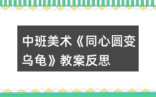 中班美術(shù)《同心圓變?yōu)觚敗方贪阜此?></p>										
													<h3>1、中班美術(shù)《同心圓變?yōu)觚敗方贪阜此?/h3><p>　　活動(dòng)目標(biāo):</p><p>　　1、能根據(jù)畫(huà)面內(nèi)容進(jìn)行大膽地猜測(cè)和想象畫(huà)面中的內(nèi)容。</p><p>　　2、認(rèn)識(shí)并會(huì)繪畫(huà)同心圓，會(huì)用簡(jiǎn)單的線條將同心圓變成完整的烏龜游戲圖。</p><p>　　3、在創(chuàng)作中體驗(yàn)到繪畫(huà)的樂(lè)趣，喜歡畫(huà)畫(huà)。</p><p>　　4、培養(yǎng)幼兒的欣賞能力。</p><p>　　5、培養(yǎng)幼兒動(dòng)手操作的能力，并能根據(jù)所觀察到得現(xiàn)象大膽地在同伴之間交流。</p><p>　　活動(dòng)重、難點(diǎn):</p><p>　　活動(dòng)重點(diǎn)：認(rèn)識(shí)并會(huì)繪畫(huà)同心圓，會(huì)用簡(jiǎn)單的線條將同心圓變成完整的烏龜游戲圖。</p><p>　　活動(dòng)難點(diǎn)：能根據(jù)畫(huà)面內(nèi)容進(jìn)行大膽地猜測(cè)和想象畫(huà)面中的內(nèi)容。</p><p>　　活動(dòng)準(zhǔn)備：</p><p>　　白紙、水彩筆若干，PPT《同心圓變?yōu)觚敗?/p><p>　　活動(dòng)過(guò)程：</p><p>　　一、導(dǎo)入</p><p>　　師：有一滴小雨滴要來(lái)和我們做游戲，小雨滴掉到水里面會(huì)有什么聲音?(滴答)小雨滴要來(lái)咯，我們來(lái)看看小雨滴是怎么樣的。</p><p>　　——此環(huán)節(jié)以小雨滴引發(fā)幼兒興趣進(jìn)入活動(dòng)主題。</p><p>　　二、觀看認(rèn)識(shí)同心圓，并大膽表現(xiàn)猜測(cè)</p><p>　　1、認(rèn)識(shí)同心圓</p><p>　　師：看一看小雨滴是什么形狀的呢?(圓形)又來(lái)了一個(gè)小雨滴(滴答)，看看兩滴小雨滴分別在什么位置?(一個(gè)小雨滴在里面，一個(gè)大一點(diǎn)的小雨滴在外面，外面的大雨滴圍著里面的小雨滴)</p><p>　　師：滴答，又來(lái)了一個(gè)雨滴，這次看看有幾個(gè)雨滴了，(三個(gè))嗯，小中大三個(gè)雨滴，你中有我，我中有你，他們好像在做什么?(在跳圓圈舞)</p><p>　　師：哎!小朋友，老師要告訴你們，三個(gè)小雨滴，一個(gè)小，一個(gè)中，一個(gè)大，像這樣，小圓在大圓里面，大圓抱著小圓，它們圍著一個(gè)中點(diǎn)在跳圓圈舞，我們叫它同心圓。叫什么?(同心圓)</p><p>　　師：小雨滴繼續(xù)下著，滴答、滴答、滴答...(點(diǎn)擊課件)</p><p>　　師：哇!小雨滴落在池塘里玩的好開(kāi)心呀，接下來(lái)的小雨滴你們猜會(huì)落在哪里呢?(指出畫(huà)面的空白處)為什么?</p><p>　　師：滴答、滴答、滴答小雨滴又落下來(lái)掉在池塘里，老師這邊的池塘里有好多小雨滴在游泳，嗯!天空中還有好多個(gè)小雨滴，它們想到你們的池塘里去游游，我們小朋友來(lái)試一試，讓小雨滴到你們的池塘里去游戲好嗎?</p><p>　　師：好!現(xiàn)在老師就請(qǐng)我們小朋友去用勾線筆在你的畫(huà)紙上畫(huà)出一個(gè)個(gè)小、中、大的雨滴，你可以在你的畫(huà)紙上畫(huà)出有高有低、有大有小的同心圓。</p><p>　　2、幼兒學(xué)畫(huà)同心圓，提醒畫(huà)面布局。</p><p>　　請(qǐng)幼兒在自己的畫(huà)紙上畫(huà)出同心圓，提醒幼兒同心圓在跳舞，有高有低，有大有小。</p><p>　　3.幼兒盡情想象，同心圓像什么</p><p>　　師：哇!那么多的小雨滴到水里快樂(lè)的游泳，想想看這一個(gè)個(gè)的同心圓像什么?(太陽(yáng)、甜圈面包、棒棒糖、小烏龜)</p><p>　　師：剛剛有小朋友說(shuō)同心圓很像小烏龜，老師這有小烏龜呢，我們請(qǐng)小烏龜出來(lái)給我們看看到底像不像。</p><p>　　(此環(huán)節(jié)以小雨滴的外形引出認(rèn)識(shí)同心圓并嘗試合理布局繪畫(huà)同心圓，同時(shí)引發(fā)幼兒根據(jù)同心圓的外形進(jìn)行想象。)</p><p>　　三、引出烏龜，引導(dǎo)觀察烏龜?shù)膭?dòng)態(tài)變化</p><p>　　師：你們覺(jué)得同心圓像小烏龜?shù)哪膫€(gè)部位?</p><p>　　師：小烏龜?shù)纳砩线€有什么?它的頭會(huì)怎么樣?四條腿分別長(zhǎng)在哪里?(用手指去觸碰下小烏龜，發(fā)現(xiàn)烏龜?shù)膭?dòng)態(tài))小尾巴又長(zhǎng)在什么地方?</p><p>　　師結(jié)：烏龜有一個(gè)堅(jiān)硬的烏龜殼，在它身體的一頭有一個(gè)會(huì)伸縮的小腦袋，身體的另一頭有一個(gè)小小的尾巴，身體兩邊有會(huì)收縮的四條腿，烏龜是一種爬行動(dòng)物，烏龜它喜歡在池塘里、大河里或是草地上各種地方生活。</p><p>　　(此環(huán)節(jié)以實(shí)物小烏龜進(jìn)行觀察它的動(dòng)態(tài)變化，為下一環(huán)節(jié)創(chuàng)作做好鋪墊。)</p><p>　　四、自由創(chuàng)作——有趣的烏龜</p><p>　　1.幼兒創(chuàng)作，在自己的同心圓上表現(xiàn)烏龜。</p><p>　　師：如果讓你的同心圓來(lái)變?yōu)觚?，你想變一只什么樣的烏?你想帶它們到哪里玩呢?</p><p>　　師：好!接下來(lái)就請(qǐng)小朋友用同心圓來(lái)變你喜歡的烏龜吧。</p><p>　　2.教師指導(dǎo)，注意引導(dǎo)幼兒表現(xiàn)烏龜?shù)母鞣N動(dòng)態(tài)。</p><p>　　教師提醒幼兒添畫(huà)細(xì)節(jié)和背景，也可在幼兒作品上適當(dāng)添畫(huà)場(chǎng)景，讓畫(huà)面更豐富。</p><p>　　(此環(huán)節(jié)鼓勵(lì)幼兒能用各種點(diǎn)、線條形狀來(lái)表現(xiàn)感受過(guò)的小烏龜?shù)闹饕卣?，并根?jù)自己的想象有創(chuàng)造性地表現(xiàn)簡(jiǎn)單的情節(jié)。)</p><p>　　五、帶烏龜去旅行</p><p>　　師：今天你們畫(huà)的烏龜真有趣，等會(huì)請(qǐng)小朋友幫它們穿上五彩繽紛的衣服，打扮得漂漂亮亮的，到更有趣的地方去玩，好嗎?</p><p>　　(此環(huán)節(jié)在相互介紹中發(fā)現(xiàn)同伴的有趣之處，并感受作品中動(dòng)物形象的造型美。教師展示課件內(nèi)容，激發(fā)幼兒想象力，創(chuàng)作力。)</p><p>　　活動(dòng)反思：</p><p>　　整個(gè)活動(dòng)，這個(gè)課件顯得尤為重要，它不但解決了幼兒的布局問(wèn)題，還拉近了幼兒與烏龜?shù)木嚯x，幼兒在繪畫(huà)過(guò)程中能考慮烏龜?shù)母惺?，達(dá)到了一定的效果。</p><h3>2、中班美術(shù)教案《神奇的圓》含反思</h3><p><strong>活動(dòng)目標(biāo)：</strong></p><p>　　1.讓幼兒通過(guò)觀察、交流，知道用1個(gè)圓至幾個(gè)圓拼貼、添畫(huà)，可以變成各種有趣的事物。</p><p>　　2.讓幼兒遷移已有經(jīng)驗(yàn)，借助范畫(huà)擴(kuò)展想象，創(chuàng)造出各種有趣的圓形事物。</p><p>　　3.培養(yǎng)幼兒樂(lè)意參與美術(shù)創(chuàng)作活動(dòng)，并體驗(yàn)創(chuàng)作帶來(lái)的樂(lè)趣。</p><p>　　4.引導(dǎo)孩子們?cè)诨顒?dòng)結(jié)束后把自己的繪畫(huà)材料分類擺放，養(yǎng)成良好習(xí)慣。</p><p>　　5.進(jìn)一步學(xué)習(xí)在指定的范圍內(nèi)均勻地進(jìn)行美術(shù)活動(dòng)。</p><p><strong>活動(dòng)準(zhǔn)備：</strong></p><p>　　1.各種顏色、大、中、小的圓若干。</p><p>　　2.由圓變成的各種物體范例。</p><p><strong>活動(dòng)過(guò)程：</strong></p><p>　　一、激趣導(dǎo)入。</p><p>　　師：孩子們，你們看過(guò)魔術(shù)表演嗎?是什么魔術(shù)表演?你們喜歡看(魔術(shù)表演)嗎?</p><p>　　師：我來(lái)給你們表演一個(gè)魔術(shù)，變魔術(shù)要有道具，下面把道具請(qǐng)出來(lái)。(出示大、中、小三個(gè)不同顏色的圓)問(wèn)：這是什么?它們有什么不一樣?(顏色不一樣、大小不一樣)師：今天我要用圓變魔術(shù)，那怎么變呢，你們要睜大眼睛看，看誰(shuí)能發(fā)現(xiàn)老師是怎么變的。</p><p>　　二、了解圓能變成各種有趣的東西。</p><p>　　一欣賞一個(gè)圓變成的各種有趣的東西。</p><p>　　教師表演魔術(shù)：在一個(gè)紅色圓上畫(huà)上蘋(píng)果的葉子就變成蘋(píng)果了。</p><p>　　問(wèn)：我是怎么變的?</p><p>　　師：要把圓變成蘋(píng)果，離不開(kāi)這只神奇的筆，只要畫(huà)上幾筆，圓就會(huì)變成有趣的東西了。</p><p>　　問(wèn)：你學(xué)會(huì)了嗎?給你們一個(gè)圓，你要把它變成什么呢?</p><p>　　幼兒自由回答，指名到前面用圓變魔術(shù)，并說(shuō)說(shuō)是怎么變的。</p><p>　　小結(jié)：這個(gè)魔術(shù)你們已經(jīng)會(huì)了，其實(shí)用一個(gè)圓變魔術(shù)很簡(jiǎn)單，小班的弟弟妹妹都會(huì)，你們看他們變出了很多不同的東西。(出示幻燈片：范例)。</p><p>　　討論。</p><p>　　師：咱們要變更難的魔術(shù)，用兩個(gè)圓、三個(gè)圓、四個(gè)圓、許多圓變魔術(shù)，你會(huì)嗎?</p><p>　　指名讓幼兒說(shuō)說(shuō)會(huì)用兩個(gè)圓、三個(gè)圓、四個(gè)圓、許多圓變成什么物體。</p><p>　　師：其實(shí)用多個(gè)圓還能變出很多東西，不是你們不會(huì)，只是你們沒(méi)想到而已。請(qǐng)欣賞(出示范例幻燈片)。</p><p>　　三、幼兒操作，教師巡回指導(dǎo)。</p><p>　　一交代任務(wù)。</p><p>　　師：你們知道了圓可以變很多東西，那你們想不想親自動(dòng)手變一變?</p><p>　　1.不同級(jí)別的魔術(shù)師。</p><p>　　出示作品展示板。</p><p>　　師：你想成為什么級(jí)別的魔術(shù)師?</p><p>　　合格的魔術(shù)師：能用不同數(shù)量的圓變出簡(jiǎn)單的東西。(可以看范例：氣球、小雞、毛毛蟲(chóng)……)優(yōu)秀魔術(shù)師：能用不同數(shù)量的圓變出比較難的東西(如：葡萄架上掛了一串串葡萄、草地上有許多小雞在吃草、盛開(kāi)了許多的花還有美麗的蝴蝶等)。</p><p>　　特級(jí)魔術(shù)師：變出了和別不一樣的、圖片上也沒(méi)有的東西。</p><p>　　注：出示范例。</p><p>　　2.介紹材料、提要求。</p><p>　　師：有各種顏色，各種大小的圓。請(qǐng)你們先想好你想用幾個(gè)圓變成什么東西，然后找到你所需要的圓，用膠棒把它粘在紙上，再把它添畫(huà)好。我們小朋友把圓變好了，可以互相參觀，也可以請(qǐng)后面的老師參觀，告訴老師，你把幾個(gè)圓變成什么東西了。最后，把你的作品貼到展板上。</p><p>　　3.幼兒操作，教師巡回指導(dǎo)。</p><p>　　幫助能力差的幼兒，鼓勵(lì)他大膽變圓。鼓勵(lì)能力強(qiáng)的幼兒變出和別人不一樣的東西來(lái)。</p><p>　　4.評(píng)價(jià)幼兒作品讓幼兒上來(lái)說(shuō)一說(shuō)自己吧圓形變成了什么?對(duì)有創(chuàng)意的幼兒作品給予肯定、表?yè)P(yáng)。</p><p><strong>教學(xué)反思</strong></p><p>　　在《神奇的圓》這一活動(dòng)設(shè)計(jì)上，為了激發(fā)幼兒的學(xué)習(xí)興趣，我采用了魔術(shù)游戲?qū)氲姆椒?。通過(guò)活動(dòng)培養(yǎng)了幼兒的動(dòng)手操作能力，開(kāi)發(fā)了幼兒的想象力。</p><h3>3、中班教案《半圓變魔術(shù)》含反思</h3><p><strong>活動(dòng)目標(biāo)：</strong></p><p>　　1、嘗試對(duì)半圓大膽想象并進(jìn)行添畫(huà)活動(dòng)。</p><p>　　2、在添畫(huà)的過(guò)程中注意畫(huà)面場(chǎng)景的描繪，進(jìn)一步豐富畫(huà)面。</p><p>　　3、能展開(kāi)豐富的想象，大膽自信地向同伴介紹自己的作品。</p><p>　　4、培養(yǎng)幼兒的欣賞能力。</p><p><strong>活動(dòng)準(zhǔn)備：</strong></p><p>　　1、《半圓變魔術(shù)》課件。</p><p>　　2、圓形寶寶、手偶。</p><p>　　3、白紙和油畫(huà)棒。</p><p><strong>活動(dòng)過(guò)程：</strong></p><p>　　一、老師講述故事(出示圓形寶寶、手偶)，引出活動(dòng)主題。</p><p>　　“大家好!我是圓形寶寶，小朋友們都很喜歡我，因?yàn)樗麄兛梢园盐易兂梢粋€(gè)紅紅的大蘋(píng)果、一個(gè)溫暖的太陽(yáng)、一朵美麗的花兒……”可是有一天圓形寶寶不小心從樓梯上滾了下來(lái)，摔成了半圓寶寶，它心里非常難過(guò)。這時(shí)，小熊跑過(guò)來(lái)，對(duì)半圓寶寶說(shuō)：“我蓋了一棟房子，有墻，有窗，有門(mén)，就差一個(gè)半圓形的房頂了，你能幫助我嗎?”</p><p>　　引導(dǎo)幼兒觀看課件，讓他們知道有了半圓形的幫助，小熊的房子終于蓋好了。</p><p>　　二、繼續(xù)播放課件，引導(dǎo)幼兒仔細(xì)地逐一欣賞畫(huà)面。</p><p>　　1、 教師引導(dǎo)幼兒半圓添畫(huà)的方法。</p><p>　　2、 教師小結(jié)：半圓可以變成許多的東西，如：碗、老鼠、蘑菇、魚(yú)、西瓜等等。</p><p>　　三、教師引導(dǎo)幼兒討論半圓添畫(huà)的方法。</p><p>　　四、幼兒自由繪畫(huà)，教師指導(dǎo)幼兒完成作品。</p><p>　　1、教師：小朋友們，你們喜歡什么半圓形的東西或者是半圓形的小動(dòng)物?請(qǐng)你們用半圓形來(lái)畫(huà)一畫(huà)，變成一幅漂亮的畫(huà)。</p><p>　　2、鼓勵(lì)幼兒自主表達(dá)自己的感受和添畫(huà)相關(guān)物。</p><p>　　五、展示幼兒作品，互相介紹。</p><p><strong>延伸活動(dòng)：</strong></p><p>　　1、可以進(jìn)行半圓片片變變變的活動(dòng)，豐富幼兒的經(jīng)驗(yàn)。</p><p><strong>教學(xué)反思：</strong></p><p>　　1、中班時(shí)期的幼兒在繪畫(huà)表達(dá)方面處于涂鴉末期，也是積累形象的時(shí)期，這樣的活動(dòng)對(duì)于豐富幼兒的表現(xiàn)經(jīng)驗(yàn)是非常有效的。半圓變魔術(shù)，即幫助幼兒表達(dá)，又減輕了造型的困難，使幼兒得到成功的體驗(yàn)。</p><p>　　2、在活動(dòng)之前，教師可以適當(dāng)?shù)刎S富幼兒關(guān)于半圓形物品的經(jīng)驗(yàn)。在活動(dòng)中，注意提取幼兒的這些感性經(jīng)驗(yàn);教師還可以根據(jù)幼兒的發(fā)展水平和經(jīng)驗(yàn)基礎(chǔ)上讓幼兒在范例中尋找可用經(jīng)驗(yàn)，以更加開(kāi)放的活動(dòng)引導(dǎo)幼兒進(jìn)行自主的創(chuàng)作。</p><h3>4、中班美術(shù)教案《有趣的烏龜》含反思</h3><p><strong>活動(dòng)目標(biāo)：</strong></p><p>　　1.在說(shuō)說(shuō)、看看的過(guò)程中，了解烏龜?shù)耐庑翁卣?，大膽?huà)出烏龜。</p><p>　　2.讓幼兒體驗(yàn)自主、獨(dú)立、創(chuàng)造的能力。</p><p>　　3.能展開(kāi)豐富的想象，大膽自信地向同伴介紹自己的作品。</p><p><strong>重難點(diǎn)：</strong></p><p>　　了解烏龜?shù)耐庑翁卣?，大膽?huà)出烏龜。</p><p><strong>活動(dòng)準(zhǔn)備：</strong></p><p>　　1.PPT;2.畫(huà)紙、記號(hào)筆、水彩筆、油畫(huà)棒。</p><p><strong>活動(dòng)過(guò)程：</strong></p><p>　　一.猜謎的形式引入</p><p>　　1.師：今天，王老師給小朋友們說(shuō)一個(gè)謎語(yǔ)，請(qǐng)小朋友們仔細(xì)的來(lái)聽(tīng)：穿件硬殼袍，縮頭又縮腦，水面四腳劃，岸上慢慢跑，這是什么?(幼兒回答)師：原來(lái)是一只烏龜。</p><p>　　師：孩子們，你們看烏龜長(zhǎng)的什么樣子?</p><p>　　師：小烏龜?shù)纳眢w是什么形狀的?</p><p>　　師：小烏龜?shù)凝敋ど厦嬗惺裁?</p><p>　　2.請(qǐng)幾名小朋友到前面畫(huà)一畫(huà)龜殼上面的圖案。</p><p>　　二、自由創(chuàng)作--有趣的烏龜幼兒創(chuàng)作，通過(guò)觀察嘗試?yán)L畫(huà)烏龜師：孩子們你們想不想到海邊上來(lái)畫(huà)出小烏龜，王老師給小朋友們準(zhǔn)備了畫(huà)紙，彩筆和油畫(huà)棒，一會(huì)兒請(qǐng)小朋友們畫(huà)小烏龜并且給小烏龜穿上漂亮的衣服，想一想小烏龜在海邊還會(huì)遇到誰(shuí)，把你想到的也畫(huà)出來(lái)好嗎?</p><p>　　三、欣賞交流：說(shuō)說(shuō)我的小烏龜師：畫(huà)完的小朋友去給老師們講一講你的小烏龜遇到哪些好朋友?</p><p><strong>反思：</strong></p><p>　　在評(píng)價(jià)過(guò)程中，我組織幼兒一起欣賞了同伴的畫(huà)，幼兒都能大膽地說(shuō)出自己畫(huà)的是什么，講述能力也得到了提高。</p><p>　　整個(gè)活動(dòng)，這個(gè)課件顯得尤為重要，它不但解決了幼兒的布局問(wèn)題，還拉近了幼兒與烏龜?shù)木嚯x，幼兒在繪畫(huà)過(guò)程中能考慮烏龜?shù)母惺?，達(dá)到了一定的效果。</p><h3>5、中班美術(shù)公開(kāi)課教案《可愛(ài)的烏龜》含反思</h3><p>　　活動(dòng)目標(biāo)：</p><p>　　1.復(fù)習(xí)畫(huà)烏龜，鼓勵(lì)幼兒合理地布局畫(huà)面。</p><p>　　2.通過(guò)欣賞課件，感受畫(huà)面布局的重要性。</p><p>　　3.體驗(yàn)想象創(chuàng)造各種圖像的快樂(lè)。</p><p>　　4.養(yǎng)成大膽用色、均勻涂色的良好習(xí)慣。</p><p>　　活動(dòng)準(zhǔn)備：</p><p>　　1.課件制作《可愛(ài)的烏龜》</p><p>　　2.烏龜手偶。</p><p>　　3.畫(huà)紙、勾線筆人手一份。</p><p>　　活動(dòng)過(guò)程：</p><p>　　1.出示烏龜手偶。</p><p>　　“今天，我請(qǐng)了我們的好朋友來(lái)，你們知道是誰(shuí)嗎?”</p><p>　　“烏龜不高興了，它迷路了，你們知道它住在哪里嗎?”</p><p>　　2.展示課件，幫助幼兒感知烏龜“住”不同的地方，畫(huà)面會(huì)產(chǎn)生不同的效果。</p><p>　　(1)出示海水圖，聽(tīng)聽(tīng)烏龜說(shuō)了什么?(“謝謝你們給我找了一個(gè)家，可是我應(yīng)該住在哪里呢?”)</p><p>　　(2)讓烏龜分別住在右上角、左上角、畫(huà)面中下部，請(qǐng)幼兒說(shuō)說(shuō)烏龜住在這里好不好?為什么?聽(tīng)聽(tīng)烏龜是怎么說(shuō)的。(“不好不好，我的頭、腳都在水外面了;不好不好，我住在草堆里不舒服”)</p><p>　　(3)讓烏龜住在畫(huà)面中間，聽(tīng)聽(tīng)烏龜怎么說(shuō)?(“太好了，我最喜歡在水中間游來(lái)游去的了。)</p><p>　　(4)出示一個(gè)小烏龜在中間，聽(tīng)聽(tīng)它怎么說(shuō)?(“這么大的海，就我一個(gè)人住?我很孤單哦!”)請(qǐng)幼兒想想辦法?</p><p>　　(5)增添許多個(gè)小烏龜(畫(huà)面較飽滿)，聽(tīng)聽(tīng)烏龜怎么說(shuō)?(“太好了，這樣我就不會(huì)孤單了。”)</p><p>　　(6)出示一個(gè)小烏龜，一個(gè)大烏龜，感受知畫(huà)面。</p><p>　　3.請(qǐng)幼兒也來(lái)給烏龜安一個(gè)家。</p><p>　　(1)提出要求：先想好是給大烏龜安家還是給小烏龜安家，給1個(gè)還是給幾個(gè)烏龜安家，安在哪個(gè)地方，烏龜最高興呢?</p><p>　　(2)幼兒繪畫(huà)，教師巡視指導(dǎo)。</p><p>　　提醒幼兒照顧烏龜?shù)母惺?即合理布局畫(huà)面)</p><p>　　(3)作品展示。</p><p>　　幼兒互相欣賞、介紹作品，感受畫(huà)面布局的美。</p><p>　　教學(xué)反思：</p><p>　　畫(huà)面布局是幼兒比較難掌握的一個(gè)問(wèn)題。以前，幼兒已有了畫(huà)烏龜?shù)慕?jīng)驗(yàn)，但在繪畫(huà)過(guò)程中，總是會(huì)畫(huà)的太小或太偏了，畫(huà)面給人的感覺(jué)總是不太漂亮，為了解決這個(gè)問(wèn)題，我設(shè)計(jì)了這個(gè)活動(dòng)《可愛(ài)的烏龜》。</p><p>　　我改變了以往的繪畫(huà)模式：引起幼兒興趣→教師示范→幼兒繪畫(huà)→作品評(píng)價(jià)的方法，而是制作了課件，將整個(gè)布局的問(wèn)題放在課件中來(lái)解決，并且運(yùn)用了幼兒較易接受的擬人化的手法及音效，幫助幼兒感受烏龜住在海水里的不同地方畫(huà)面的感覺(jué)及烏龜?shù)母惺?，烏龜說(shuō)的話更能幫助幼兒理解畫(huà)面布局的重要性，更易讓幼兒接受。</p><p>　　在幼兒繪畫(huà)過(guò)程中，教師的指導(dǎo)顯得更形象了，以往要幼兒將物體畫(huà)中間，畫(huà)大一些，畫(huà)滿一些，總是用平直的語(yǔ)調(diào)說(shuō)，總有些孩子只顧自己畫(huà)，不去理會(huì)老師的話，但這次通過(guò)展示課件后再畫(huà)，有的幼兒畫(huà)了一個(gè)烏龜，我便說(shuō)：“你想想，這只烏龜一個(gè)人住，它會(huì)怎么想呢?”幼兒很自然的就會(huì)多畫(huà)幾只烏龜了。</p><p>　　幼兒在合理布局畫(huà)面的基礎(chǔ)上，也充分顯示出自己的想法與創(chuàng)造，有的幼兒畫(huà)了許多只小烏龜，在前面畫(huà)了一只大烏龜，他說(shuō)：“大烏龜帶著小烏龜做操呢!”有的幼兒把小烏龜畫(huà)在大烏龜身上，他說(shuō)：“這只小烏龜玩累了，在爸爸身上休息呢!”還有的幼兒畫(huà)了一個(gè)大烏龜、中間殼是空的，再在旁邊畫(huà)了只小烏龜：“媽媽剛把小烏龜生下來(lái)，正教它游泳呢!”可見(jiàn)幼兒的想象也是非常豐富的。</p><p>　　在評(píng)價(jià)過(guò)程中，我組織幼兒一起欣賞了同伴的畫(huà)，幼兒都能大膽地說(shuō)出自己畫(huà)的是什么，講述能力也得到了提高。</p><p>　　整個(gè)活動(dòng)，這個(gè)課件顯得尤為重要，它不但解決了幼兒的布局問(wèn)題，還拉近了幼兒與烏龜?shù)木嚯x，幼兒在繪畫(huà)過(guò)程中能考慮烏龜?shù)母惺?，達(dá)到了一定的效果。</p><p>　　教學(xué)反思：</p><p>　　作為教師要善于發(fā)現(xiàn)幼兒的不同特點(diǎn)，給予每一位幼兒以激勵(lì)性的評(píng)價(jià)，充分挖掘作品中成功的東西，給予積極的肯定，使他們獲得成功的體驗(yàn)，感受到手工活動(dòng)的樂(lè)趣，從而增強(qiáng)自信心。</p><h3>6、中班美術(shù)優(yōu)秀教案《圓形寶寶變變變》含反思</h3><p><strong>活動(dòng)目標(biāo)</strong></p><p>　　1.感知并認(rèn)識(shí)圓形，能找到生活中的圓形物體。</p><p>　　2.能夠根據(jù)圓形，發(fā)揮自己的想想，創(chuàng)作出各類物品或動(dòng)物的形象。</p><p>　　3.喜歡太空泥制作。</p><p>　　4.會(huì)用它們大膽地進(jìn)行藝術(shù)表現(xiàn)與創(chuàng)造，喜歡裝飾。</p><p>　　5.培養(yǎng)幼兒的欣賞能力。</p><p><strong>活動(dòng)準(zhǔn)備</strong></p><p>　　1.各色太空泥、托盤(pán)。</p><p>　　2.樣品范例(小花、雪人、手鏈)。</p><p><strong>活動(dòng)過(guò)程</strong></p><p>　　1.以魔術(shù)游戲引入圓形。</p><p>　　教師：小朋友，今天我們班來(lái)了一位小客人(出示圓形)，瞧瞧，知道它是誰(shuí)嗎?</p><p>　　教師：原來(lái)是我們的老朋友-圓形呀!來(lái)，我們用熱烈的掌聲歡迎