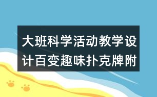 大班科學(xué)活動教學(xué)設(shè)計百變?nèi)の稉淇伺疲ǜ椒此迹?></p>										
													<h3>1、大班科學(xué)活動教學(xué)設(shè)計百變?nèi)の稉淇伺疲ǜ椒此迹?/h3><p>　　活動目標(biāo)：</p><p>　　1、能有創(chuàng)意地用拼、搭、插的方法設(shè)計出各種造型。</p><p>　　2、在操作時體現(xiàn)耐心、合作、細(xì)致精神。</p><p>　　3、能夠用簡單的語言介紹自己的作品。</p><p>　　4、發(fā)展合作探究與用符號記錄實(shí)驗(yàn)結(jié)果的能力。</p><p>　　5、能大膽進(jìn)行實(shí)踐活動，并用完整的語言表達(dá)自己的意見。</p><p>　　重難點(diǎn)：能有創(chuàng)意地用拼、搭、插的方法設(shè)計出各種造型。</p><p>　　活動準(zhǔn)備：撲克牌每人一副、剪刀等。撲克牌造型圖片。</p><p>　　活動過程：</p><p>　　第一課時：</p><p>　　一、了解撲克牌</p><p>　　1、今天我們帶來了什么?(牌)他們是怎么樣的</p><p>　　2、現(xiàn)在我們要來玩一玩牌，你會怎么玩?</p><p>　　二、嘗試拼搭</p><p>　　1、今天我們要換一種方法玩撲克牌，把撲克牌拼一拼、搭一搭做出許多有趣的造型(比如飛機(jī)、火車等等)，你會嗎?我們一起試一試吧。</p><p>　　2、交流嘗試的體驗(yàn)：我拼了什么?我搭了什么?</p><p>　　第二課時</p><p>　　一、方法啟發(fā)</p><p>　　1、教師展示撲克牌造型的圖片，上次我們一起玩了撲克牌，還拼搭出了許多有趣的圖案，今天老師也帶來了一些圖片，看看它像什么?它是怎么做出來的?</p><p>　　2、教師演示操作的方法。</p><p>　　3、請“高手”幼兒上來表演精彩的撲克拼搭技藝。</p><p>　　二、幼兒創(chuàng)意</p><p>　　1、嘗試?yán)蠋熖崾镜姆椒ɑ蛘哂酶嗟姆椒ㄆ创畛鰮淇伺圃煨汀?/p><p>　　2、交流展</p><p>　　3、小組合作再次操作。</p><p>　　延伸：課后孩子們自由活動的時間讓孩子們自主玩拼搭。</p><p>　　活動反思：</p><p>　　本次活動的題材來自于早期教育美術(shù)版中提到的一個操作創(chuàng)意“百變?nèi)の稉淇伺啤?，它用插接的方法把撲克牌拼接成許多有趣的造型，我覺得比較有趣。于是我便添加上了活動目標(biāo)，賦予活動流程，把該操作活動設(shè)計成一個藝術(shù)創(chuàng)意活動。之后在與鄧?yán)蠋煹慕涣髦?，她告訴我他們班的孩子有很多都很會玩撲克牌，建議我去了解一下孩子的玩法，后來我發(fā)現(xiàn)孩子們還會用一種折疊的方法拼搭撲克牌，于是我把早期教育上提到的插接法和小朋友的折疊法都吸收到該活動中，力求通過更多方法的啟發(fā)讓班內(nèi)的孩子們玩出更多的創(chuàng)意。于是我把活動第一目標(biāo)定位能有創(chuàng)意地用拼、搭、插的方法設(shè)計出各種造型。在備課過程中，我發(fā)現(xiàn)一個作品的完成離不開耐心細(xì)致，一步一步的努力，這個活動不僅要鍛煉孩子的創(chuàng)意更需要提升這種創(chuàng)意背后的精神即耐心、合作、細(xì)致、踏實(shí)……于是我把在操作時體現(xiàn)耐心、合作、細(xì)致精神作為第二目標(biāo)。接下來是我對本次執(zhí)教之后的一點(diǎn)反思：</p><p>　　1、活動內(nèi)容過于滿、多，把本次活動定位兩課時較為合適。本次活動的重點(diǎn)是在后面兩個環(huán)節(jié)，第一、二部分如果作為課前準(zhǔn)備，或者干脆作為第一課時去完成，這樣后面兩個環(huán)節(jié)能更有效的去達(dá)到活動制定的目標(biāo)。</p><p>　　2、在細(xì)節(jié)處理上還必須花功夫。比如我在示范的時候，我發(fā)現(xiàn)讓孩子看著我做完一個作品比較費(fèi)時，畢竟一個活動更多的實(shí)踐留給孩子才是最重要的，所以聽課老師建議我在教育準(zhǔn)備的時候做完一個成品，這樣可以示范完基本步驟后，直接出示成品，既清楚又明了。</p><p>　　3、用不同的方式拼搭出不同的撲克牌造型，玩的就是一種創(chuàng)意的精神，每次在教導(dǎo)孩子的時候，我自己也在不斷地自我學(xué)習(xí)、向孩子學(xué)習(xí)。我們說創(chuàng)意學(xué)不來，但是創(chuàng)意的精神是可以學(xué)習(xí)的，創(chuàng)意的能力是可以練習(xí)的，比如撲克牌這個東西，我相信還可以執(zhí)教一堂數(shù)學(xué)活動，比如10以內(nèi)加減、組成等，還可以設(shè)計成一個藝術(shù)活動，比如欣賞各式各樣的撲克牌造型，設(shè)計撲克牌造型等，甚至是音樂活動用撲克牌打節(jié)奏……換一種方法，換一個角度，創(chuàng)意之花無處不在。</p><h3>2、大班教案《百變?nèi)の稉淇伺啤泛此?/h3><p><strong>活動目標(biāo)：</strong></p><p>　　1、能有創(chuàng)意地用拼、搭、插的方法設(shè)計出各種造型。</p><p>　　2、在操作時體現(xiàn)耐心、合作、細(xì)致精神。</p><p>　　3、能夠用簡單的語言介紹自己的作品。</p><p>　　4、發(fā)展幼兒的觀察力、想象力。</p><p>　　5、能大膽進(jìn)行實(shí)踐活動，并用完整的語言表達(dá)自己的意見。</p><p><strong>重難點(diǎn)：</strong></p><p>　　能有創(chuàng)意地用拼、搭、插的方法設(shè)計出各種造型。</p><p><strong>活動準(zhǔn)備：</strong></p><p>　　撲克牌每人一副、剪刀等。撲克牌造型圖片。</p><p><strong>活動過程：</strong></p><p>　　第一課時：</p><p>　　一、了解撲克牌</p><p>　　1、今天我們帶來了什么?(牌)他們是怎么樣的</p><p>　　2、現(xiàn)在我們要來玩一玩牌，你會怎么玩?</p><p>　　二、嘗試拼搭</p><p>　　1、今天我們要換一種方法玩撲克牌，把撲克牌拼一拼、搭一搭做出許多有趣的造型(比如飛機(jī)、火車等等)，你會嗎?我們一起試一試吧。</p><p>　　2、交流嘗試的體驗(yàn)：我拼了什么?我搭了什么?</p><p>　　第二課時</p><p>　　一、方法啟發(fā)</p><p>　　1、教師展示撲克牌造型的圖片，上次我們一起玩了撲克牌，還拼搭出了許多有趣的圖案，今天老師也帶來了一些圖片，看看它像什么?它是怎么做出來的?</p><p>　　2、教師演示操作的方法。</p><p>　　3、請“高手”幼兒上來表演精彩的撲克拼搭技藝。</p><p>　　二、幼兒創(chuàng)意</p><p>　　1、嘗試?yán)蠋熖崾镜姆椒ɑ蛘哂酶嗟姆椒ㄆ创畛鰮淇伺圃煨汀?/p><p>　　2、交流展</p><p>　　3、小組合作再次操作。</p><p>　　延伸：課后孩子們自由活動的時間讓孩子們自主玩拼搭。</p><p><strong>活動反思：</strong></p><p>　　本次活動的題材來自于早期教育美術(shù)版中提到的一個操作創(chuàng)意“百變?nèi)の稉淇伺啤?，它用插接的方法把撲克牌拼接成許多有趣的造型，我覺得比較有趣。于是我便添加上了活動目標(biāo)，賦予活動流程，把該操作活動設(shè)計成一個藝術(shù)創(chuàng)意活動。之后在與鄧?yán)蠋煹慕涣髦?，她告訴我他們班的孩子有很多都很會玩撲克牌，建議我去了解一下孩子的玩法，后來我發(fā)現(xiàn)孩子們還會用一種折疊的方法拼搭撲克牌，于是我把早期教育上提到的插接法和小朋友的折疊法都吸收到該活動中，力求通過更多方法的啟發(fā)讓班內(nèi)的孩子們玩出更多的創(chuàng)意。于是我把活動第一目標(biāo)定位能有創(chuàng)意地用拼、搭、插的方法設(shè)計出各種造型。在備課過程中，我發(fā)現(xiàn)一個作品的完成離不開耐心細(xì)致，一步一步的努力，這個活動不僅要鍛煉孩子的創(chuàng)意更需要提升這種創(chuàng)意背后的精神即耐心、合作、細(xì)致、踏實(shí)……于是我把在操作時體現(xiàn)耐心、合作、細(xì)致精神作為第二目標(biāo)。接下來是我對本次執(zhí)教之后的一點(diǎn)反思：</p><p>　　1、活動內(nèi)容過于滿、多，把本次活動定位兩課時較為合適。本次活動的重點(diǎn)是在后面兩個環(huán)節(jié)，第一、二部分如果作為課前準(zhǔn)備，或者干脆作為第一課時去完成，這樣后面兩個環(huán)節(jié)能更有效的去達(dá)到活動制定的目標(biāo)。</p><p>　　2、在細(xì)節(jié)處理上還必須花功夫。比如我在示范的時候，我發(fā)現(xiàn)讓孩子看著我做完一個作品比較費(fèi)時，畢竟一個活動更多的實(shí)踐留給孩子才是最重要的，所以聽課老師建議我在教育準(zhǔn)備的時候做完一個成品，這樣可以示范完基本步驟后，直接出示成品，既清楚又明了。</p><p>　　3、用不同的方式拼搭出不同的撲克牌造型，玩的就是一種創(chuàng)意的精神，每次在教導(dǎo)孩子的時候，我自己也在不斷地自我學(xué)習(xí)、向孩子學(xué)習(xí)。我們說創(chuàng)意學(xué)不來，但是創(chuàng)意的精神是可以學(xué)習(xí)的，創(chuàng)意的能力是可以練習(xí)的，比如撲克牌這個東西，我相信還可以執(zhí)教一堂數(shù)學(xué)活動，比如10以內(nèi)加減、組成等，還可以設(shè)計成一個藝術(shù)活動，比如欣賞各式各樣的撲克牌造型，設(shè)計撲克牌造型等，甚至是音樂活動用撲克牌打節(jié)奏……換一種方法，換一個角度，創(chuàng)意之花無處不在。</p><h3>3、大班游戲玩法(9個)含反思</h3><p><strong>幼兒園大班游戲教案：</strong></p><p>　　天鵝</p><p><strong>游戲名稱：投彩球（大班）</strong></p><p>　　目的：復(fù)習(xí)反義詞，豐富幼兒詞匯，發(fā)展幼兒的反應(yīng)能力。</p><p>　　準(zhǔn)備;彩球1個玩法：拋球者說出一詞，如：大(黑、美麗、光滑)接球者必須說出對應(yīng)的反義詞，如小(白、丑陋、粗糙)。游戲反復(fù)進(jìn)行。</p><p><strong>游戲名稱：悄悄話（大班）</strong></p><p>　　目的：激發(fā)幼兒積極參與活動的興趣。</p><p>　　玩法：按幼兒座次將其分成四組，教師悄悄地告訴每組排頭幼兒一句話，然后自排頭開始往下傳話，傳到最后一名幼兒時，最后一名幼兒站起大聲說出聽到的話，以傳得又對又快的組為勝。</p><p><strong>游戲名稱：猜謎（大班）</strong></p><p>　　目的：培養(yǎng)幼兒的思維能力、口語表達(dá)能力。</p><p>　　玩法：教師說謎面請幼兒說出謎底。也可請一名幼兒說謎面，教師與其他幼兒進(jìn)行猜謎。</p><p><strong>游戲名稱：超級模仿秀（大班）</strong></p><p>　　目的：培養(yǎng)幼兒模仿能力。</p><p>　　玩法：請3-5名幼兒到前面，側(cè)向全體幼兒，站成一排，面向第二名幼兒編一動作(如起床穿衣、照鏡子、梳頭等)然后第二名幼兒再向第三名幼兒模仿第一名幼兒所做的動作，依次模仿，最后一名幼兒模仿完動作后，說出做的是什么動作。</p><p><strong>游戲名稱：一槍打四個（大班）</strong></p><p>　　目的：練習(xí)手部動作的靈活性，培養(yǎng)幼兒的快速反應(yīng)能力。</p><p>　　玩法：教師說：