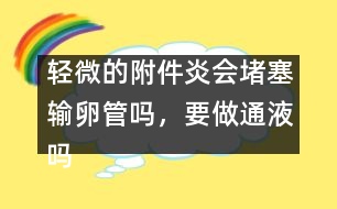 輕微的附件炎會(huì)堵塞輸卵管嗎，要做通液?jiǎn)?></p>										
													            <br>            <P>　　時(shí)間：2004年4月20日 15:54—16:21<BR>　　提問(wèn)：guest<BR>　　回答：郁凱明（上海第一婦嬰保健院產(chǎn)前診斷中心教授，圍產(chǎn)專(zhuān)家）</P><P>　　guest：我子宮后位，曾有過(guò)人流史，現(xiàn)在患有輕微的附件炎，請(qǐng)問(wèn)：有必要做通液?jiǎn)?？[15:54:55]</P><P>　　郁凱明：現(xiàn)在有炎癥嗎？如果有炎癥則不能做。[15:58:56]</P><P>　　guest：那我現(xiàn)在應(yīng)該怎么做呢？[16:03:16]</P><P>　　郁凱明：應(yīng)該等炎癥控制后再做通液或輸卵管造影。[16:05:30]</P><P>　　guest：請(qǐng)問(wèn)：輕微的附件炎會(huì)引起輸卵管堵塞嗎？[16:09:11]</P><P>　　郁凱明：有這個(gè)可能，如果月經(jīng)正常，有不孕現(xiàn)象，可考慮檢查輸卵管是否通暢。[16:21:56]</P>            <br>            <br>            <font color=